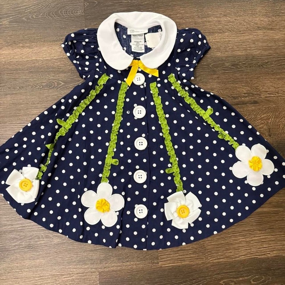 Bonnie Jean Dress Girls 2T Navy Polka Dot Floral NWT
